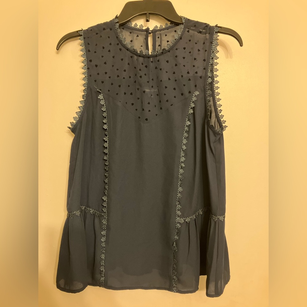 ModCloth navy blue sheer sleeveless lace heart detail blouse Medium (M)